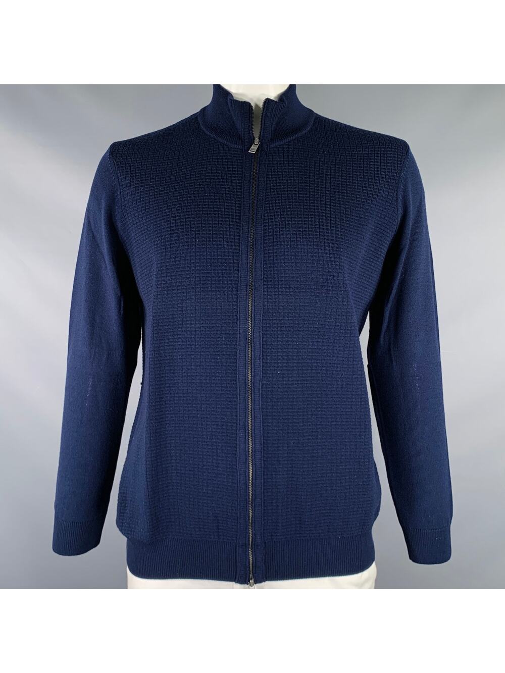 HUGO BOSS Size XL Navy Knit Wool Zip Up Cardigan